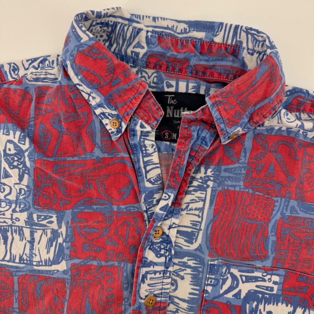 Chubbies The Nutter Shirt Men Small Red Blue Nautical Block Print Short Sleeve